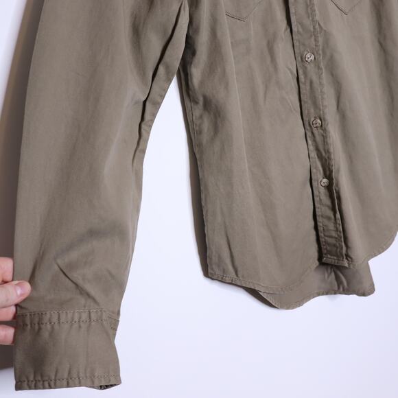 GOOD AMERICAN NEW Chambray Button Down Shirt Khaki Long Sleeves Women's 1/US S - Picture 5 of 12